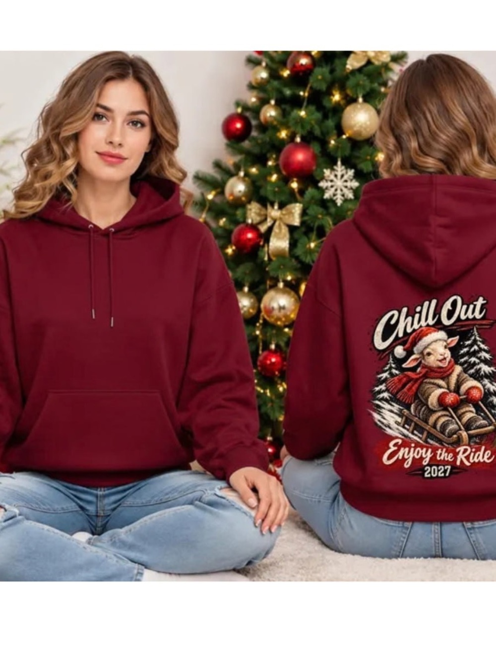 Burgundy Funny Christmas Holiday Graphic Hoodie For Women’s
